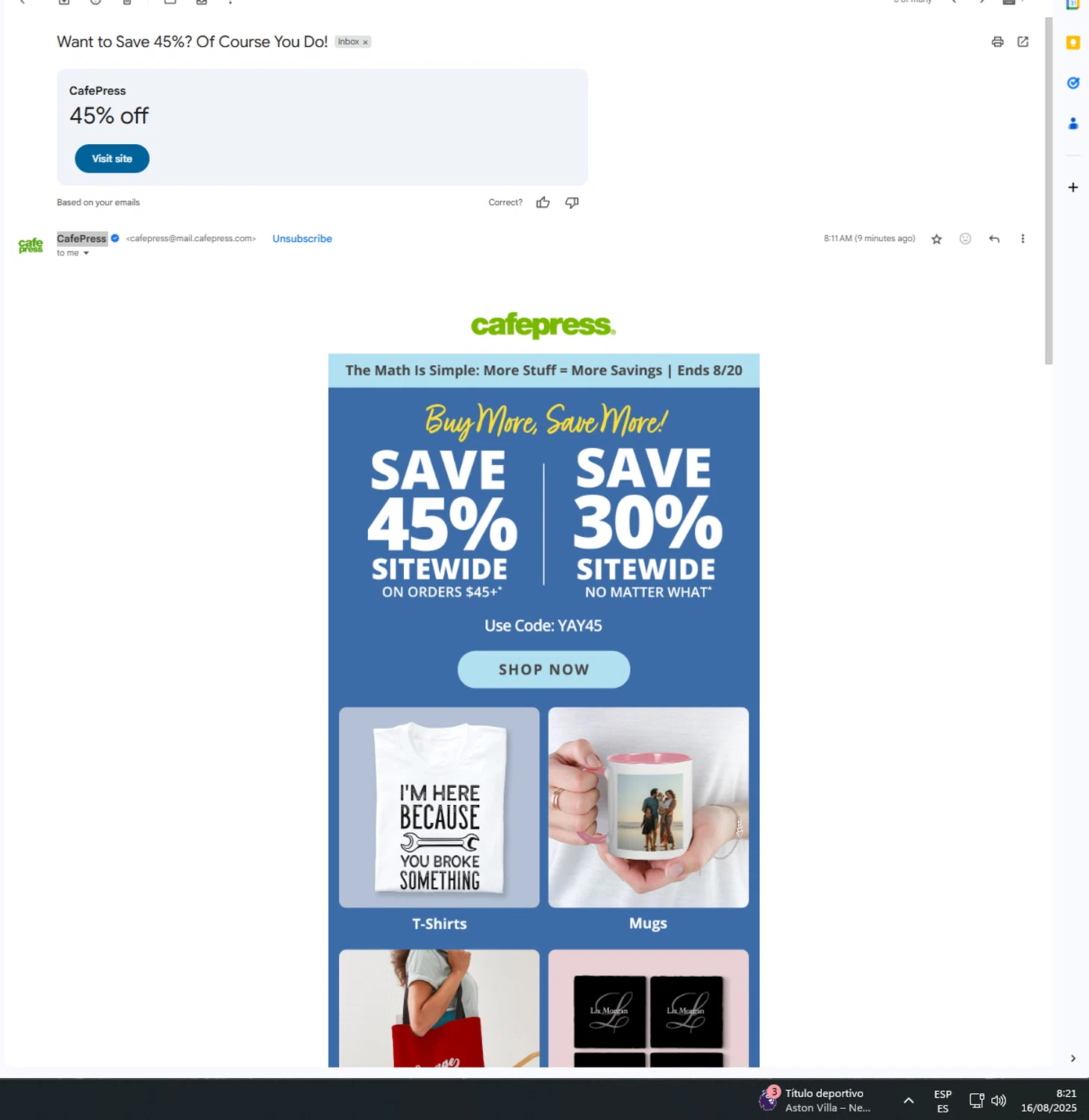 CafePress promo code screenshot showing code yay45 applied at CafePress checkout page. Uploaded by SimplyCodes community member UnkNownVnzla on Aug 16, 2025