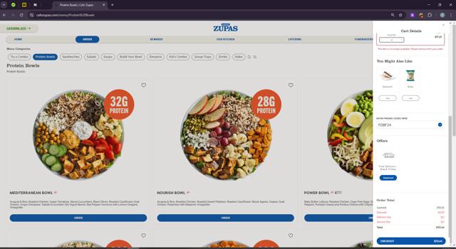 Cafe Zupas checkout page showing Cafe Zupas promo code box | Screenshot taken by SimplyCodes community member on Jan 16, 2025