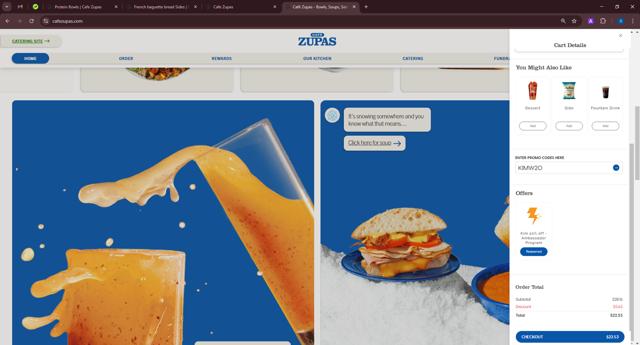 Cafe Zupas checkout page showing Cafe Zupas promo code box | Screenshot taken by SimplyCodes community member on Mar 3, 2025