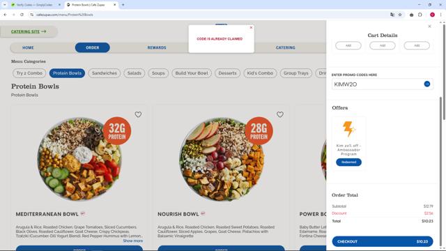 Cafe Zupas checkout page showing Cafe Zupas promo code box | Screenshot taken by SimplyCodes community member on Mar 10, 2025