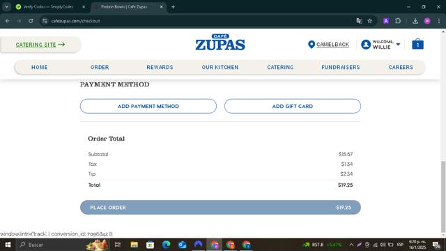 Cafe Zupas checkout page showing Cafe Zupas promo code box | Screenshot taken by SimplyCodes community member on Jan 16, 2025