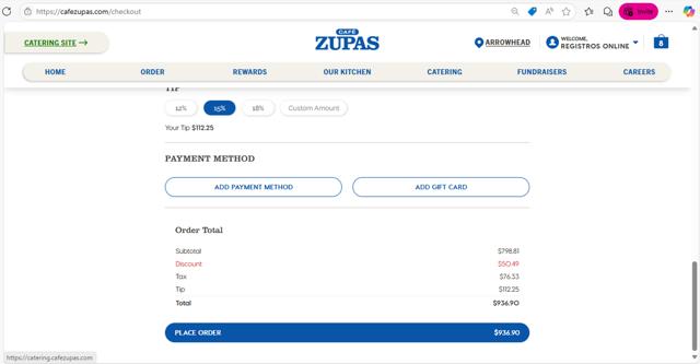 Cafe Zupas checkout page showing Cafe Zupas promo code box | Screenshot taken by SimplyCodes community member on Dec 20, 2024
