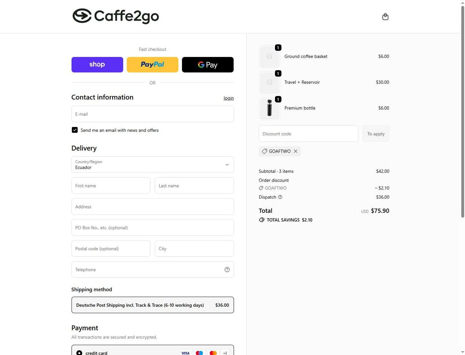 Caffe2go promo code screenshot showing code GOAFTWO applied at Caffe2go checkout page. Uploaded by SimplyCodes community member Andaspendientedeunovale on May 30, 2026