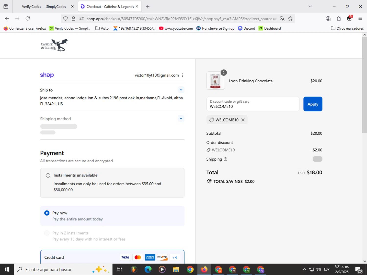 Caffeine and Legends discount code screenshot showing code WELCOME10 applied at Caffeine and Legends checkout page. Uploaded by SimplyCodes community member Garou_Y2K on Sep 2, 2025