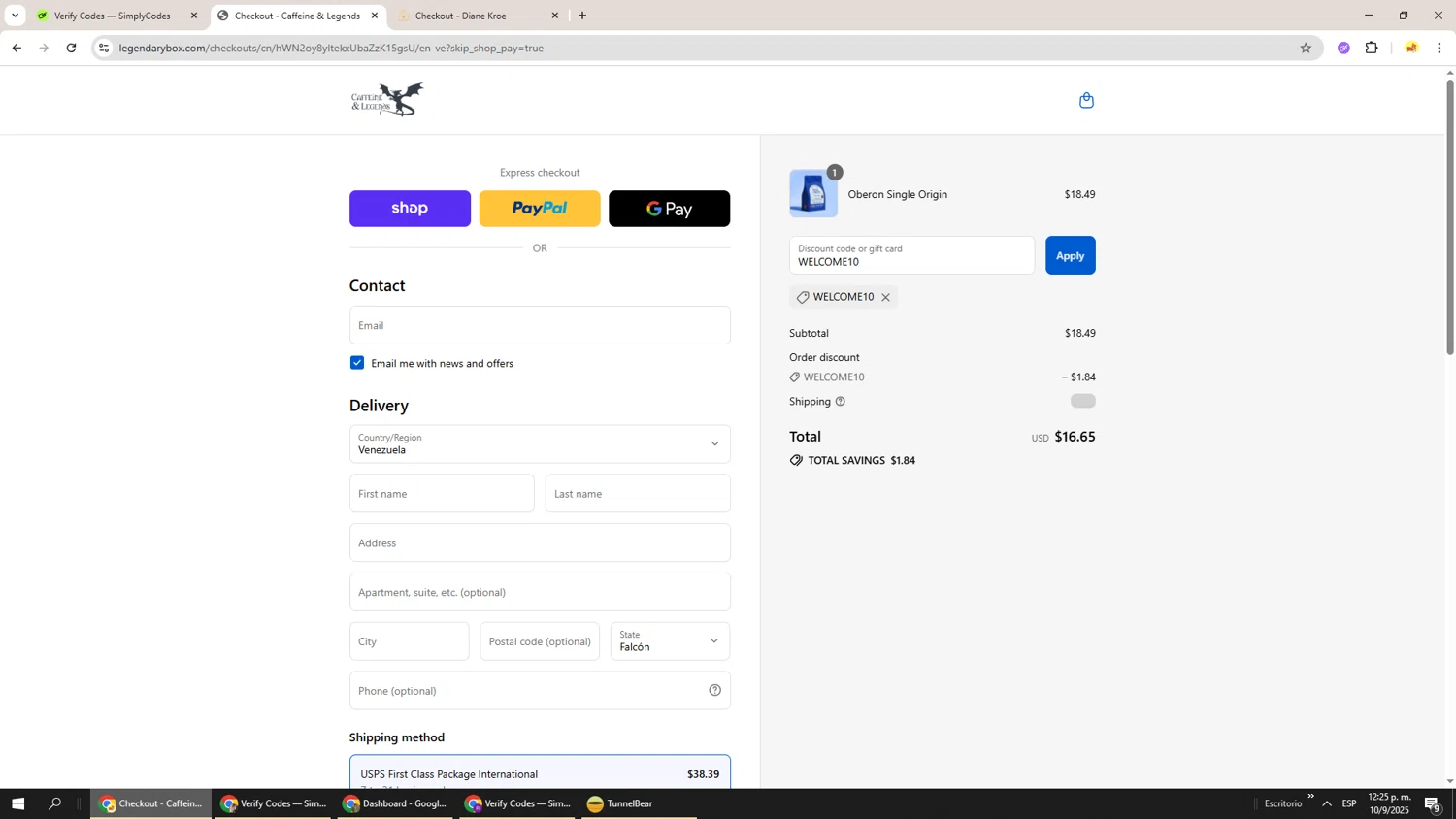 Caffeine and Legends discount code screenshot showing code WELCOME10 applied at Caffeine and Legends checkout page. Uploaded by SimplyCodes community member Richard251 on Sep 10, 2025