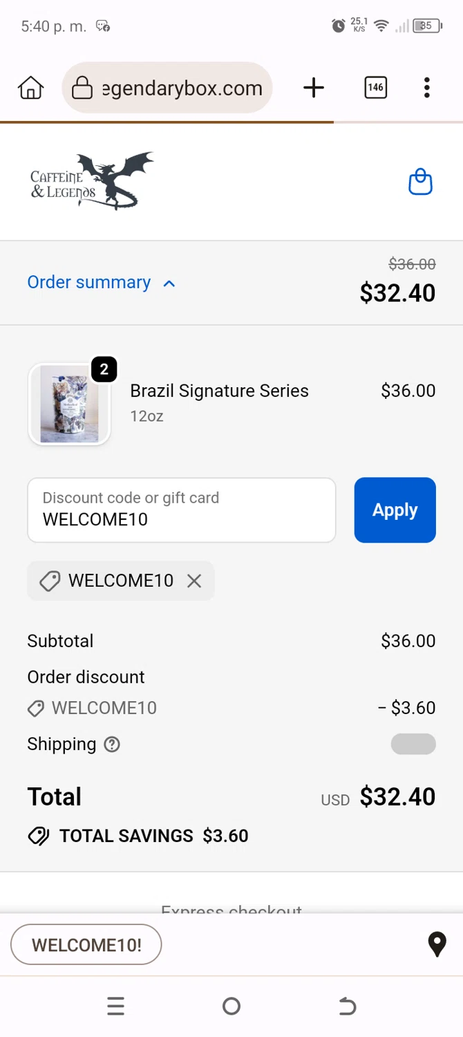 Caffeine and Legends discount code screenshot showing code WELCOME10 applied at Caffeine and Legends checkout page. Uploaded by SimplyCodes community member Typer19 on Dec 13, 2025