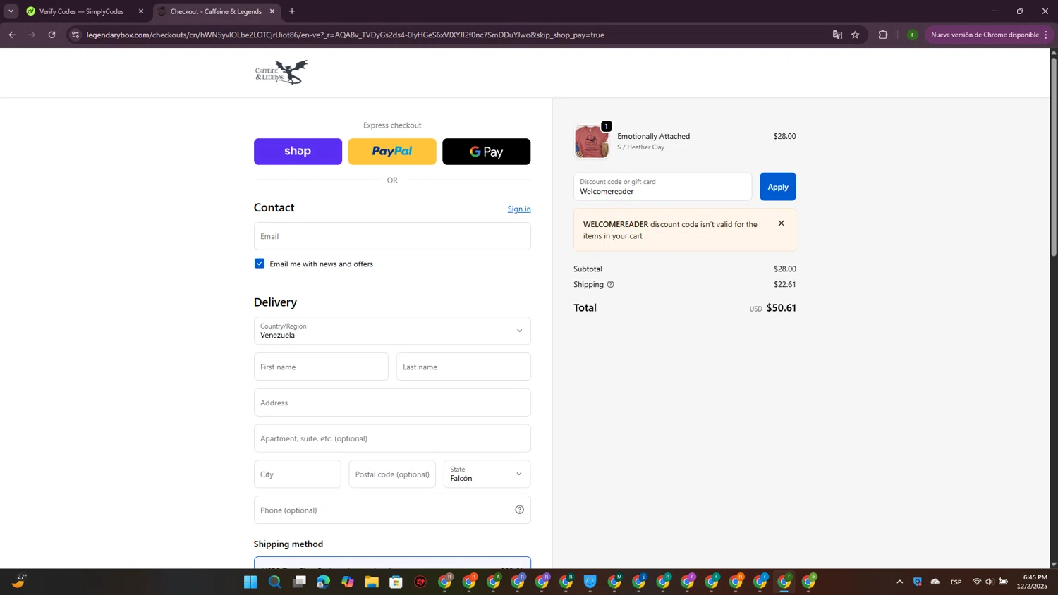 Caffeine and Legends discount code screenshot showing code Welcomereader applied at Caffeine and Legends checkout page. Uploaded by SimplyCodes community member GoldScout9735 on Dec 2, 2025