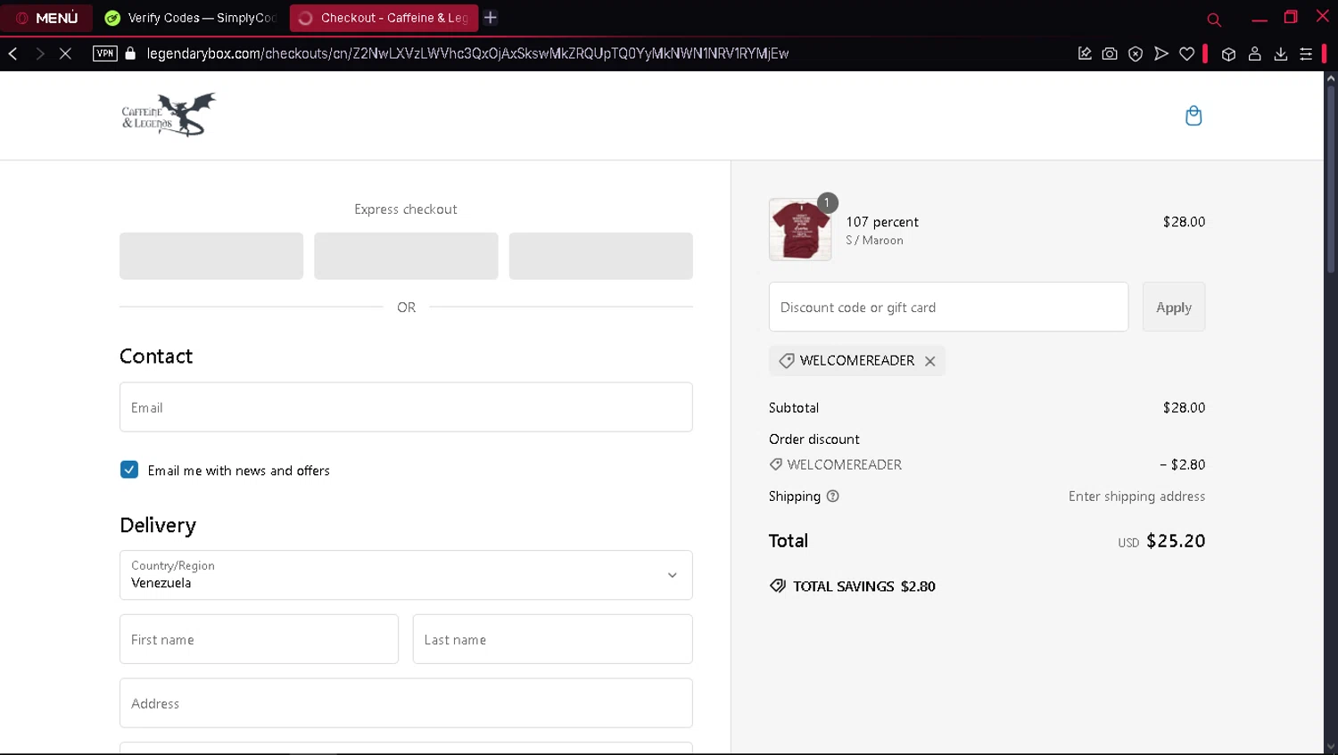 Caffeine and Legends discount code screenshot showing code Welcomereader applied at Caffeine and Legends checkout page. Uploaded by SimplyCodes community member JHDELACRUZ on Feb 1, 2025