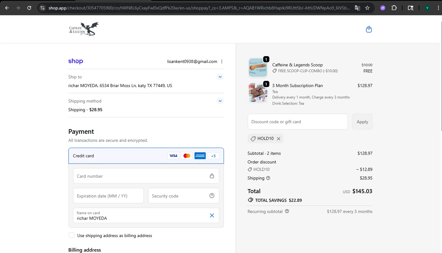 Caffeine and Legends discount code screenshot showing code HOLD10 applied at Caffeine and Legends checkout page. Uploaded by SimplyCodes community member MightyLynx459 on Feb 3, 2026
