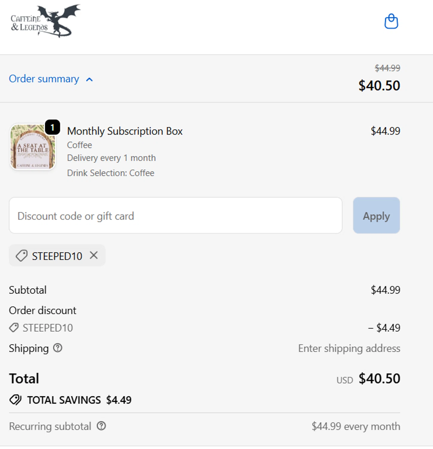 Caffeine and Legends discount code screenshot showing code STEEPED10 applied at Caffeine and Legends checkout page. Uploaded by SimplyCodes community member becomeaware on Oct 16, 2025