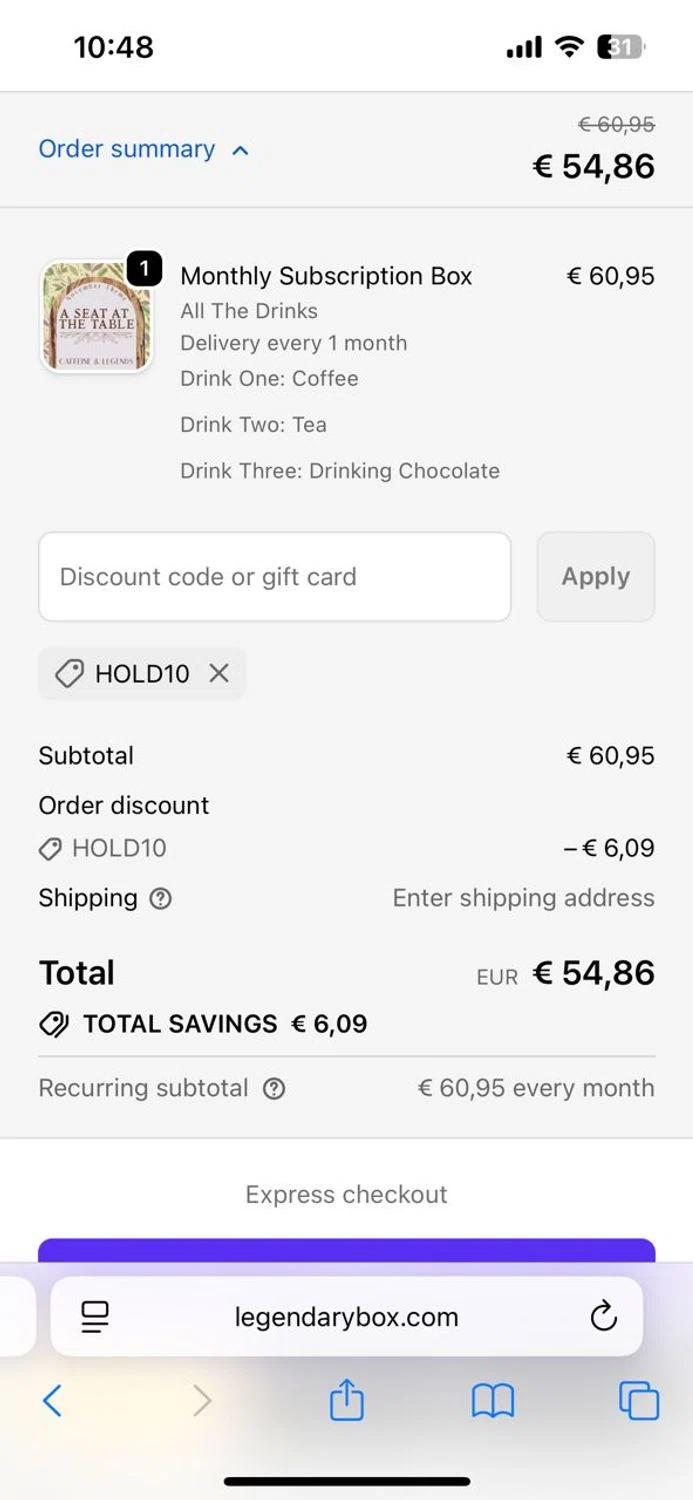 Caffeine and Legends discount code screenshot showing code HOLD10 applied at Caffeine and Legends checkout page. Uploaded by SimplyCodes community member becomeaware on Oct 16, 2025