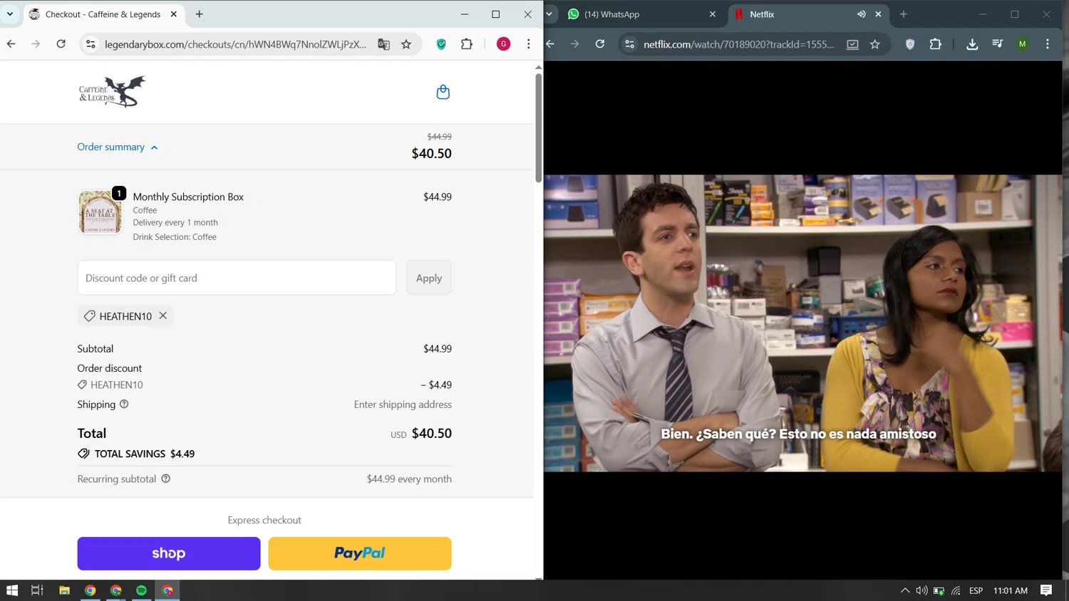 Caffeine and Legends discount code screenshot showing code HEATHEN10 applied at Caffeine and Legends checkout page. Uploaded by SimplyCodes community member becomeaware on Oct 16, 2025