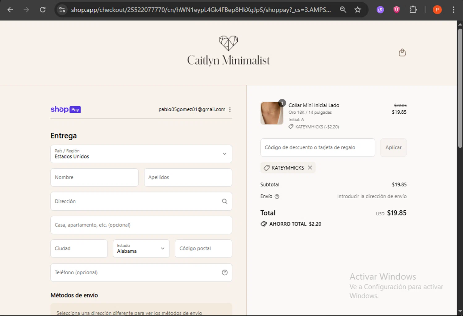 Caitlyn Minimalist discount code screenshot showing code Kateymhicks applied at Caitlyn Minimalist checkout page. Uploaded by SimplyCodes community member WonderDefender6772 on Aug 11, 2025