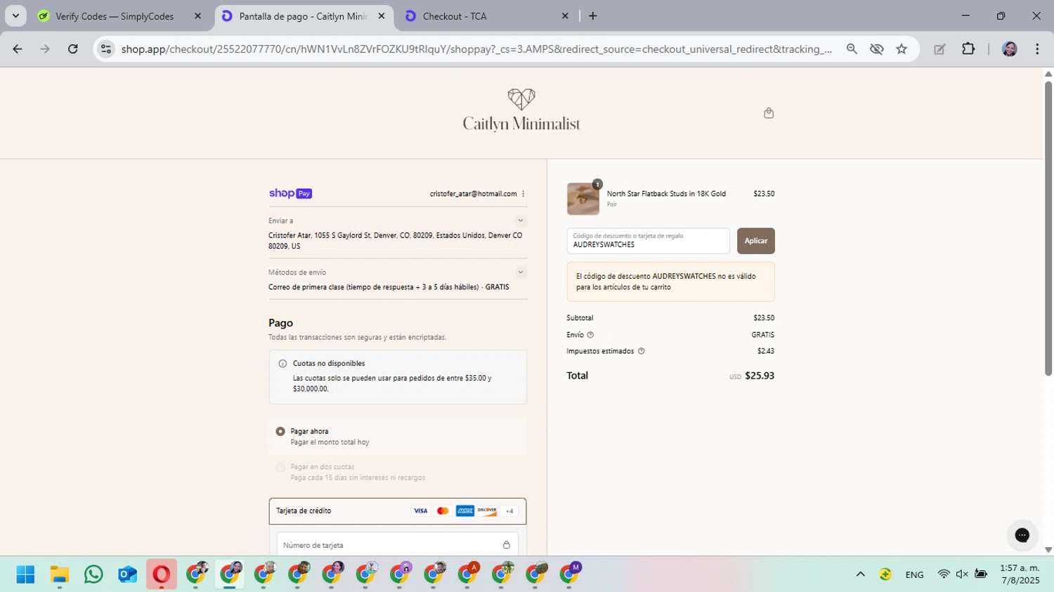 Caitlyn Minimalist discount code screenshot showing code AUDREYSWATCHES applied at Caitlyn Minimalist checkout page. Uploaded by SimplyCodes community member MarielisPb on Aug 7, 2025