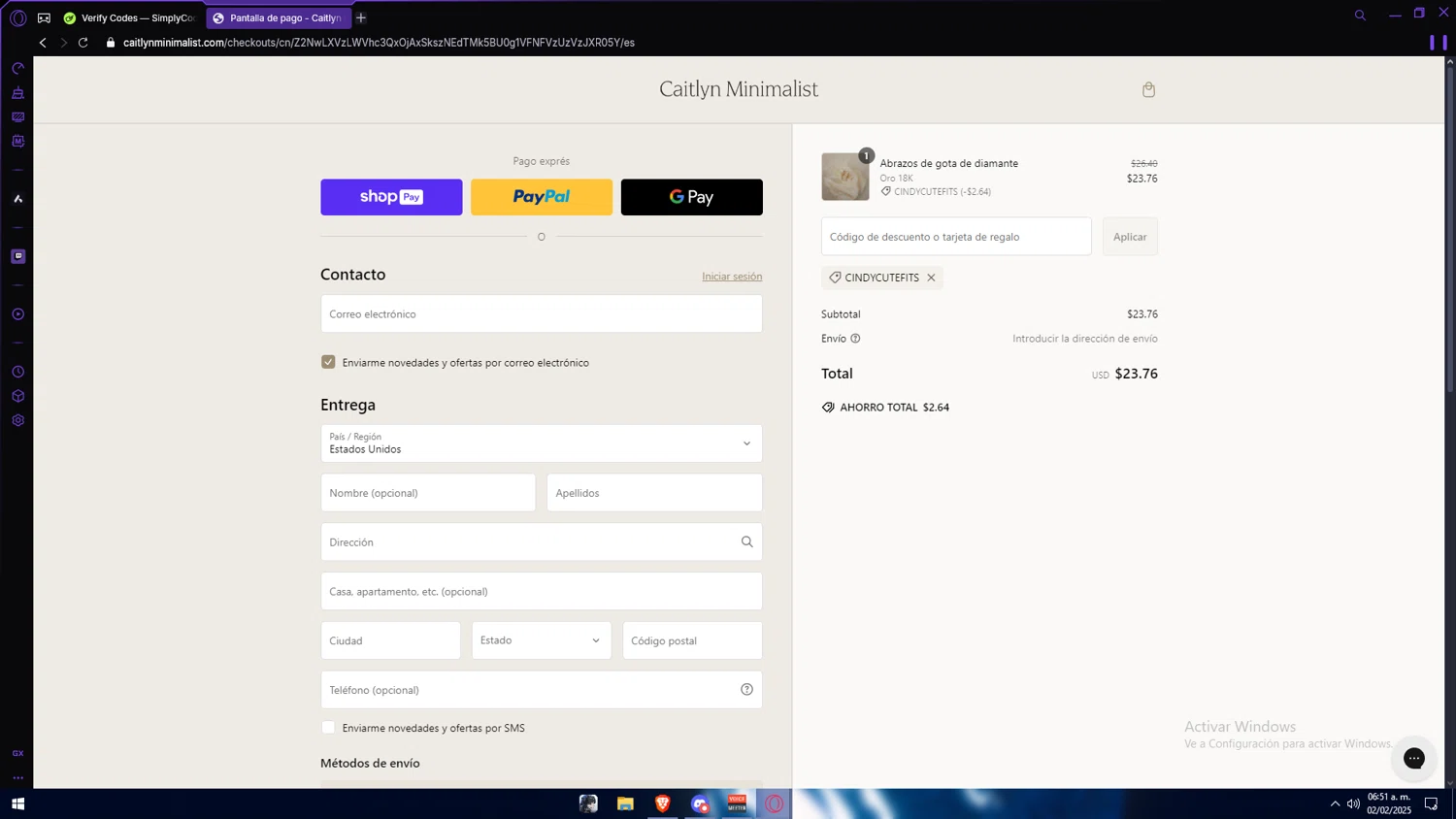 Caitlyn Minimalist discount code screenshot showing code cindycutefits applied at Caitlyn Minimalist checkout page. Uploaded by SimplyCodes community member Anzeer on Feb 2, 2025