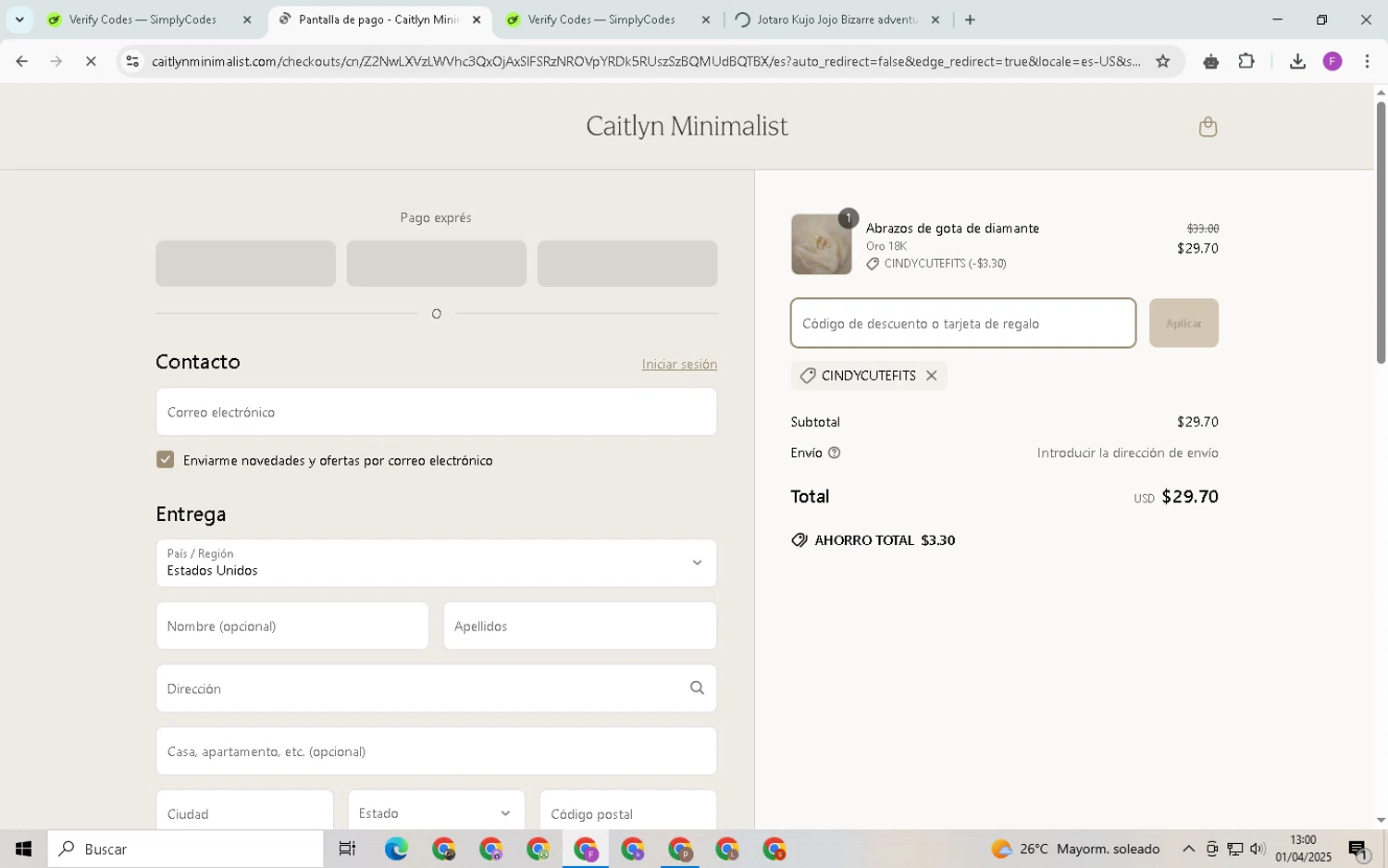 Caitlyn Minimalist discount code screenshot showing code cindycutefits applied at Caitlyn Minimalist checkout page. Uploaded by SimplyCodes community member CleverSpotter6431 on Apr 1, 2025
