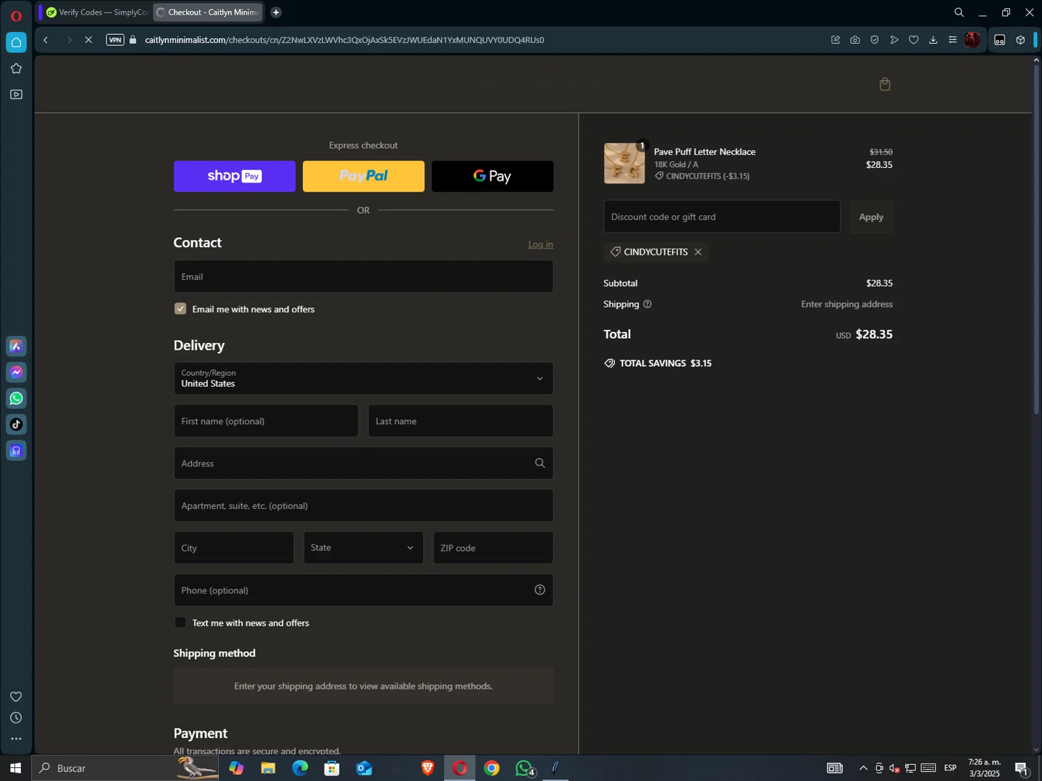 Caitlyn Minimalist discount code screenshot showing code cindycutefits applied at Caitlyn Minimalist checkout page. Uploaded by SimplyCodes community member hollowknight on Mar 3, 2025