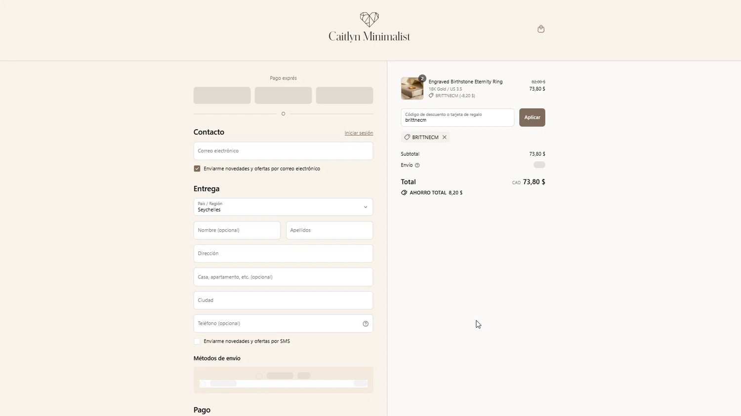 Caitlyn Minimalist discount code screenshot showing code brittnecm applied at Caitlyn Minimalist checkout page. Uploaded by SimplyCodes community member Hei201 on Jul 21, 2025
