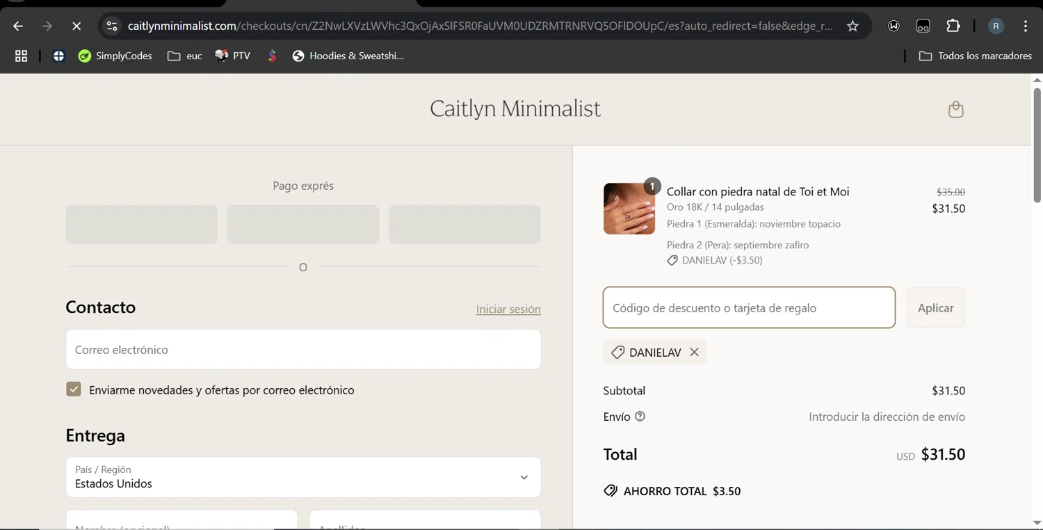 Caitlyn Minimalist discount code screenshot showing code DANIELAV applied at Caitlyn Minimalist checkout page. Uploaded by SimplyCodes community member MarcoReus on Apr 1, 2025