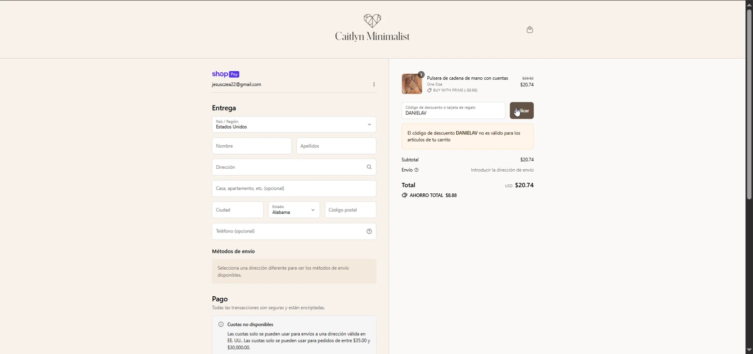 Caitlyn Minimalist discount code screenshot showing code DANIELAV applied at Caitlyn Minimalist checkout page. Uploaded by SimplyCodes community member Raibelys_18 on Jul 12, 2025