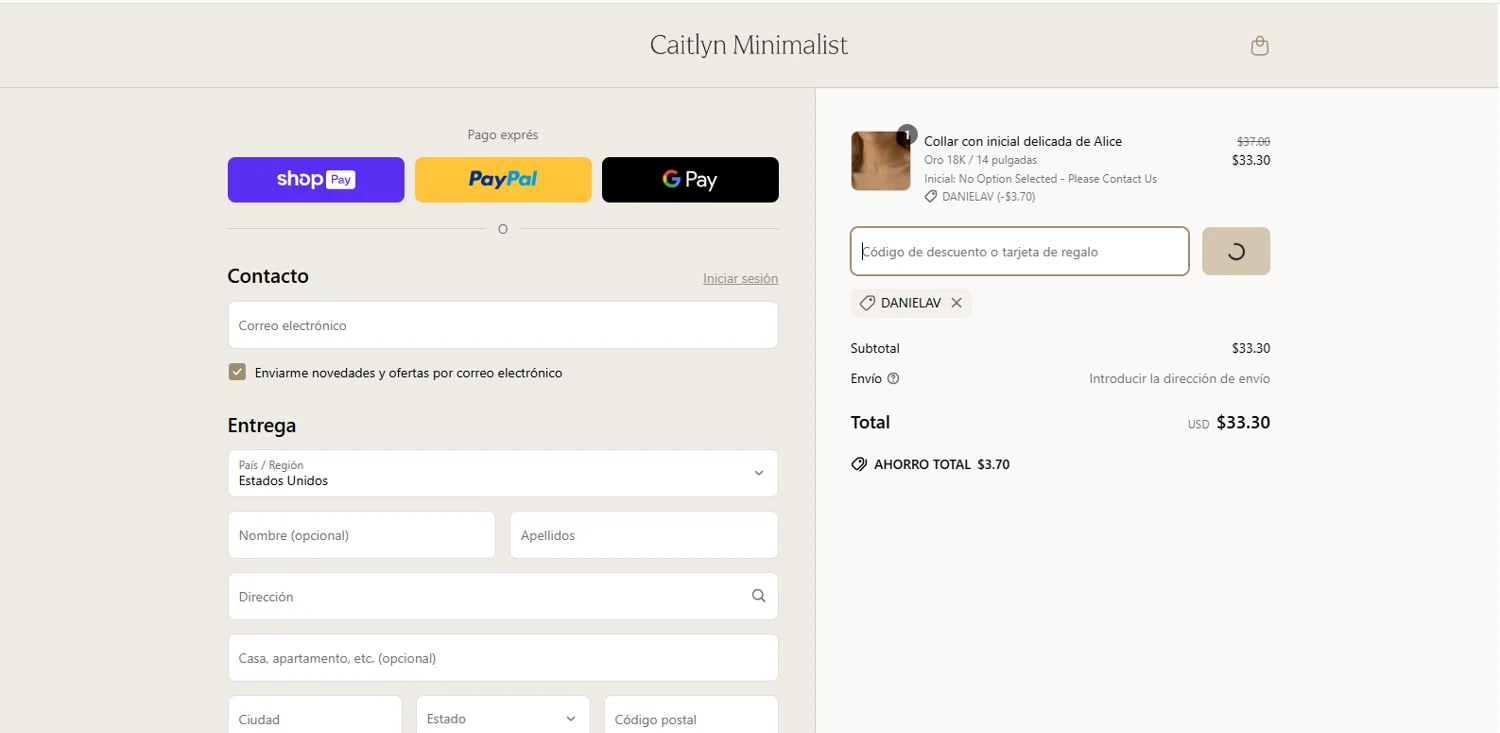 Caitlyn Minimalist discount code screenshot showing code DANIELAV applied at Caitlyn Minimalist checkout page. Uploaded by SimplyCodes community member CodePioneer3651 on Apr 1, 2025