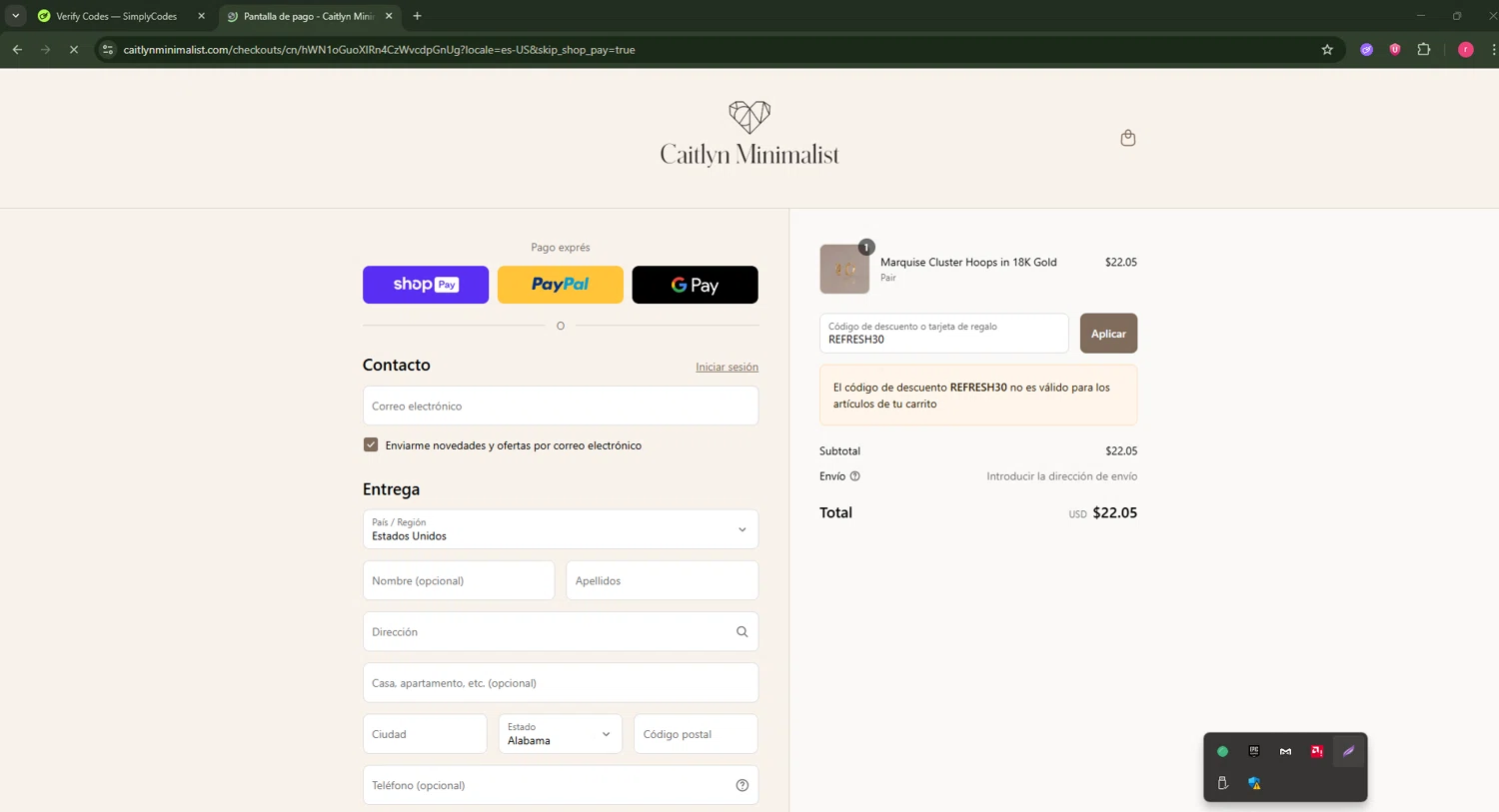 Caitlyn Minimalist discount code screenshot showing code REFRESH30 applied at Caitlyn Minimalist checkout page. Uploaded by SimplyCodes community member CouponSage7331 on Aug 15, 2025