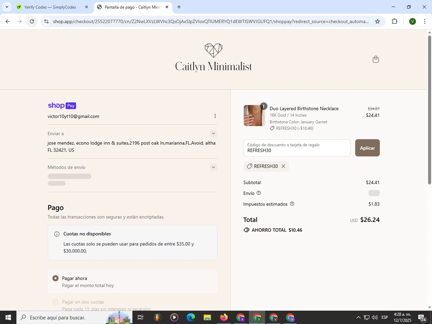 Caitlyn Minimalist discount code screenshot showing code REFRESH30 applied at Caitlyn Minimalist checkout page. Uploaded by SimplyCodes community member PrimeWizard4168 on Jul 12, 2025