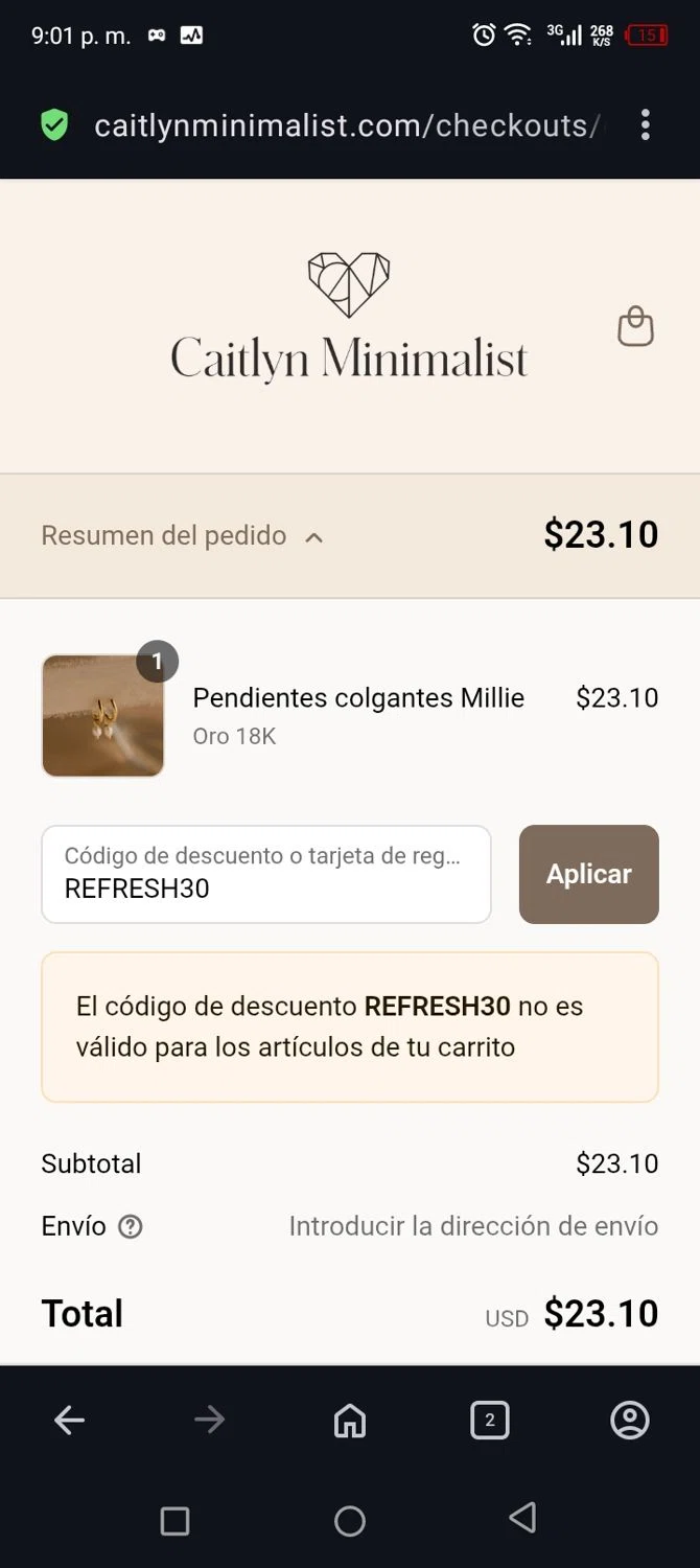 Caitlyn Minimalist discount code screenshot showing code REFRESH30 applied at Caitlyn Minimalist checkout page. Uploaded by SimplyCodes community member billgates0997923425561 on Aug 15, 2025