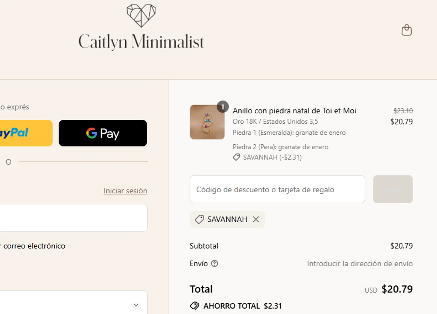Caitlyn Minimalist discount code screenshot showing code SAVANNAH applied at Caitlyn Minimalist checkout page. Uploaded by SimplyCodes community member yeresojperez on Aug 11, 2025
