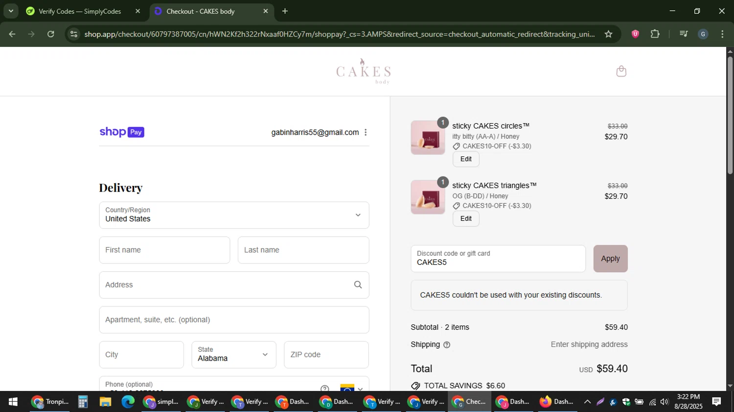 CAKES body discount code screenshot showing code CAKES5 applied at CAKES body checkout page. Uploaded by SimplyCodes community member gabinharris55 on Aug 28, 2025