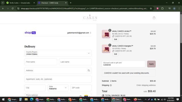 CAKES body checkout page showing CAKES body discount code box | Screenshot taken by SimplyCodes community member on Aug 28, 2025