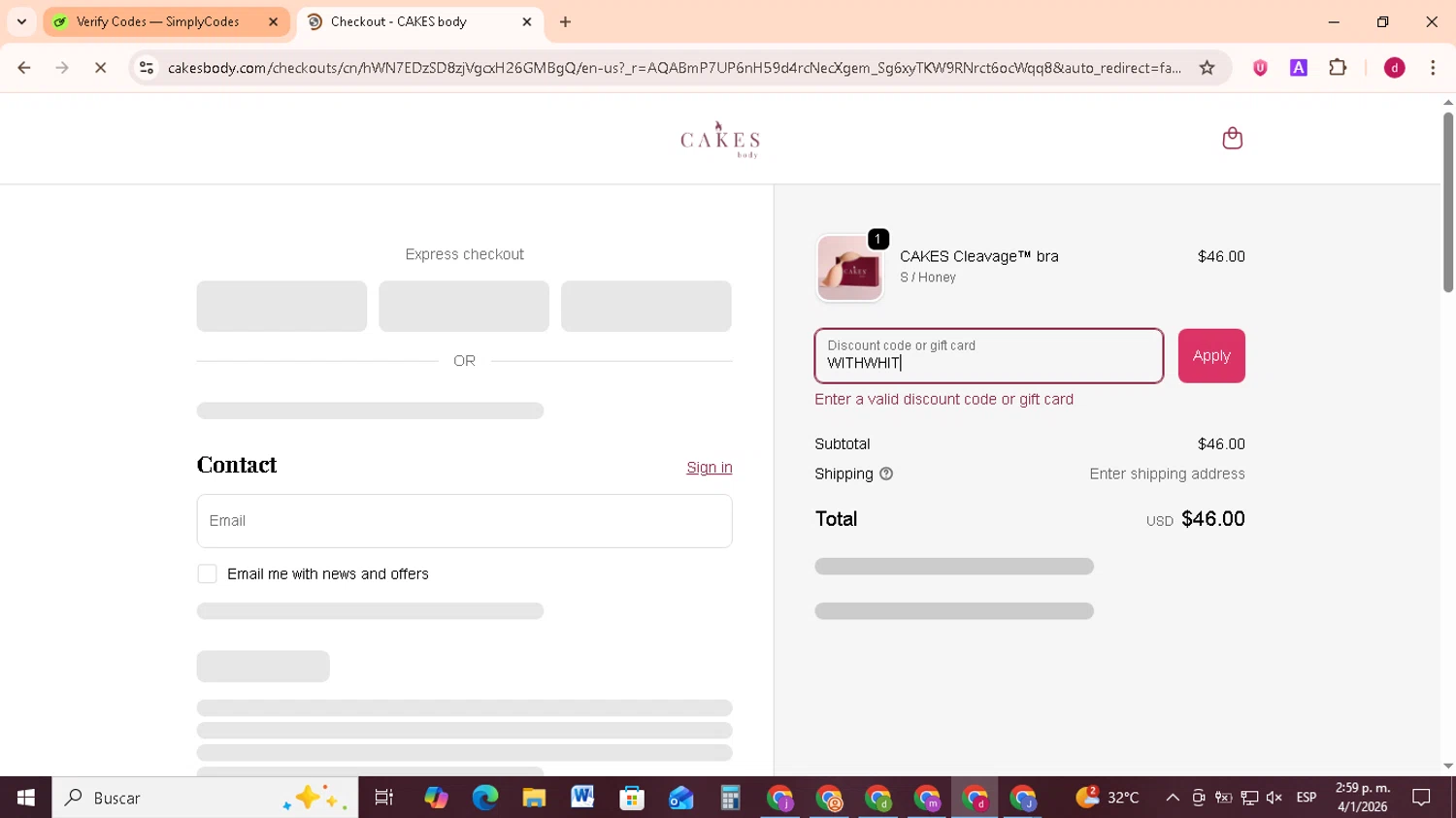 CAKES body promo code screenshot showing code WITHWHIT applied at CAKES body checkout page. Uploaded by SimplyCodes community member FrugalMonarch7277 on Jan 4, 2026
