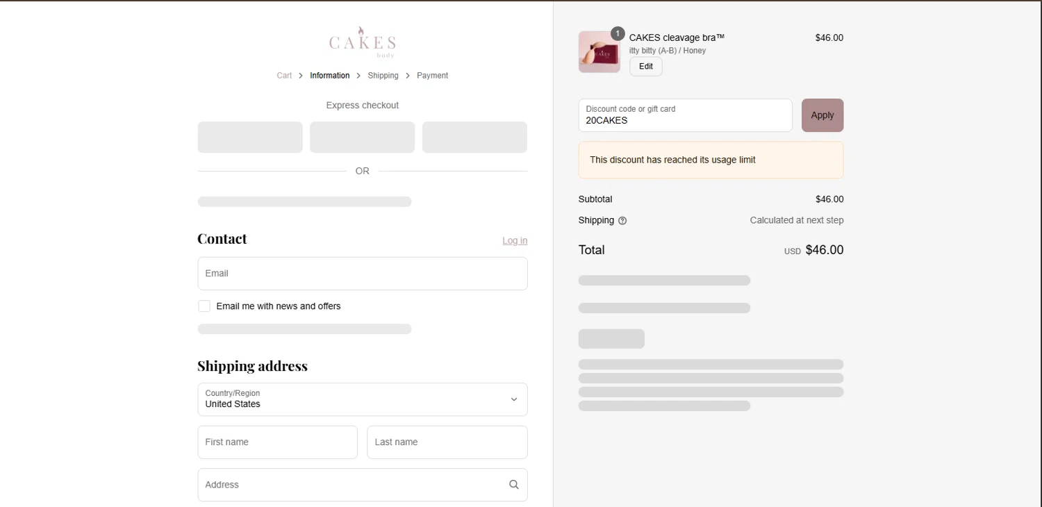 CAKES body discount code screenshot showing code 20CAKES applied at CAKES body checkout page. Uploaded by SimplyCodes community member BrilliantMaestro892 on Aug 21, 2025
