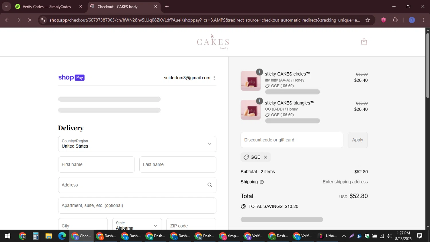 CAKES body discount code screenshot showing code GGE applied at CAKES body checkout page. Uploaded by SimplyCodes community member snidertom8 on Aug 23, 2025