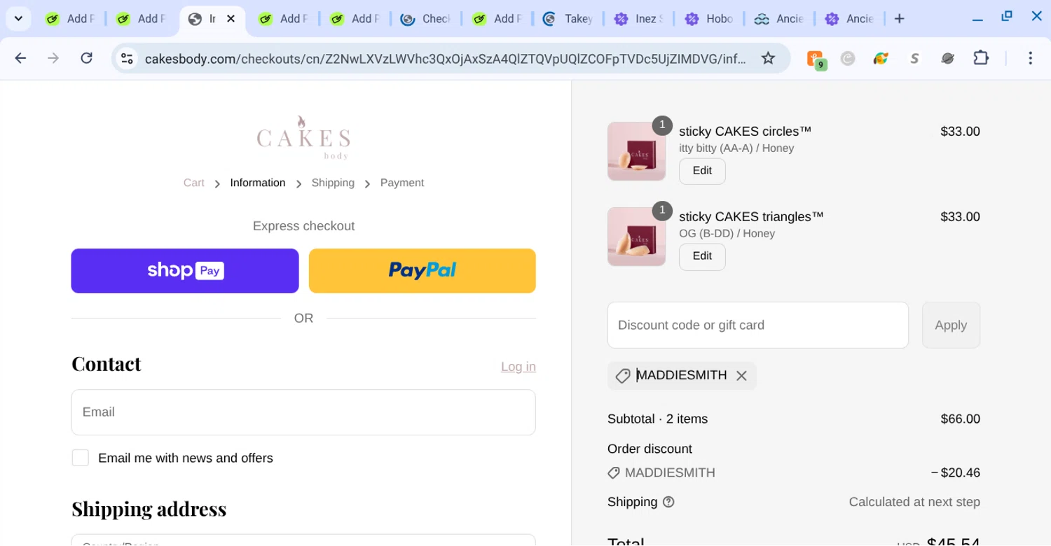 CAKES body discount code screenshot showing code maddiesmith applied at CAKES body checkout page. Uploaded by SimplyCodes community member KarinaHZ on Jul 26, 2025