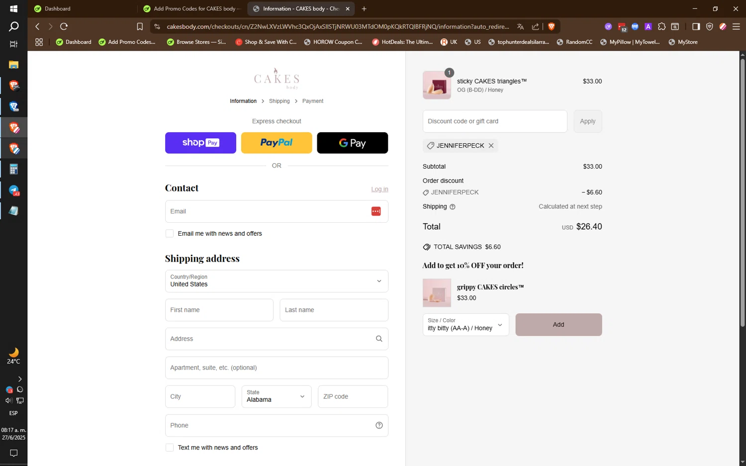 CAKES body discount code screenshot showing code JENNIFERPECK applied at CAKES body checkout page. Uploaded by SimplyCodes community member ilarrazaM3 on Jun 27, 2025