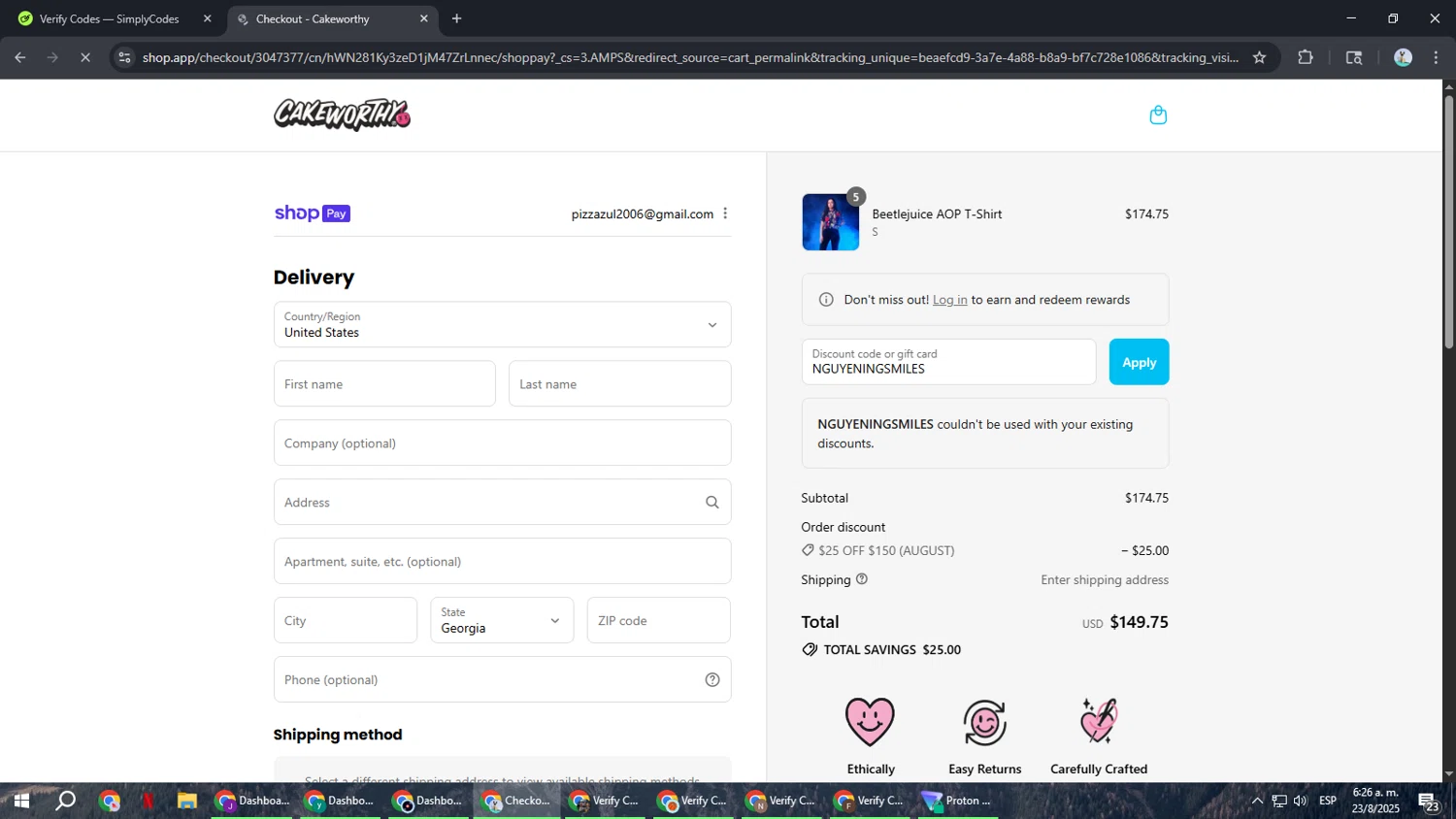 Cakeworthy discount code screenshot showing code NGUYENINGSMILES applied at Cakeworthy checkout page. Uploaded by SimplyCodes community member ShrewdSeeker6165 on Aug 23, 2025