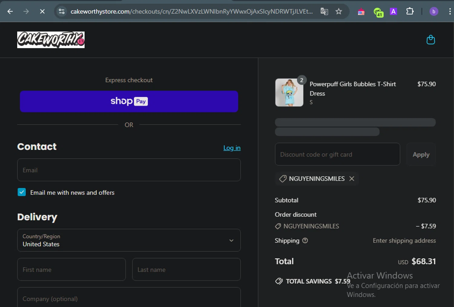 Cakeworthy discount code screenshot showing code NGUYENINGSMILES applied at Cakeworthy checkout page. Uploaded by SimplyCodes community member ThriftyFalcon6527 on May 24, 2025