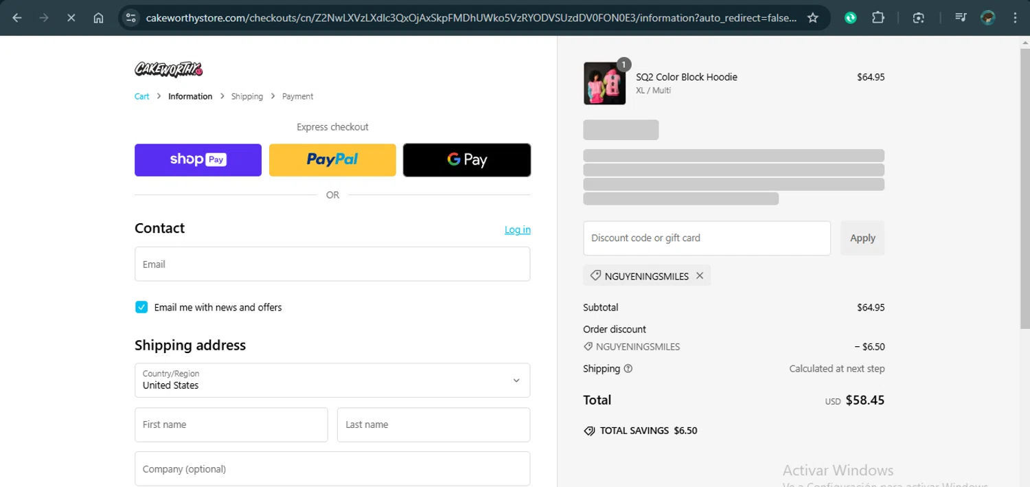 Cakeworthy discount code screenshot showing code NGUYENINGSMILES applied at Cakeworthy checkout page. Uploaded by SimplyCodes community member xAngel on Jan 25, 2025