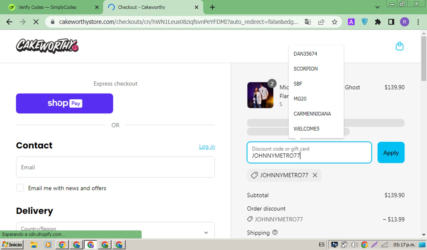 Cakeworthy discount code screenshot showing code JOHNNYMETRO77 applied at Cakeworthy checkout page. Uploaded by SimplyCodes community member ThriftyMonarch5789 on Aug 2, 2025