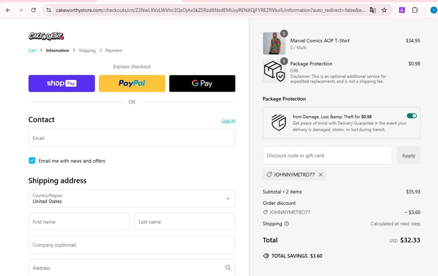 Cakeworthy discount code screenshot showing code JOHNNYMETRO77 applied at Cakeworthy checkout page. Uploaded by SimplyCodes community member TreasureScout5082 on Jan 20, 2025
