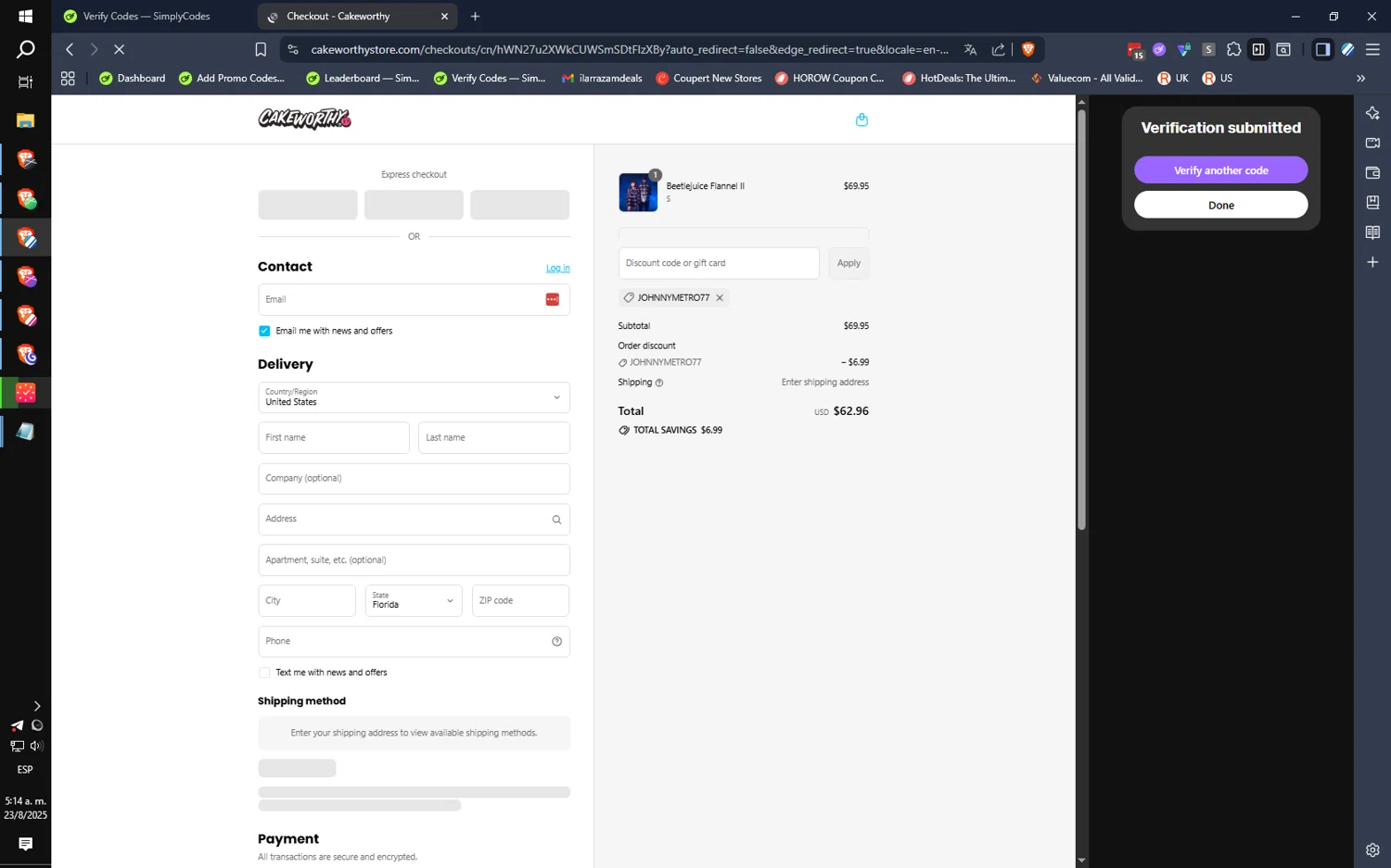 Cakeworthy discount code screenshot showing code JOHNNYMETRO77 applied at Cakeworthy checkout page. Uploaded by SimplyCodes community member ilarrazaM2 on Aug 23, 2025