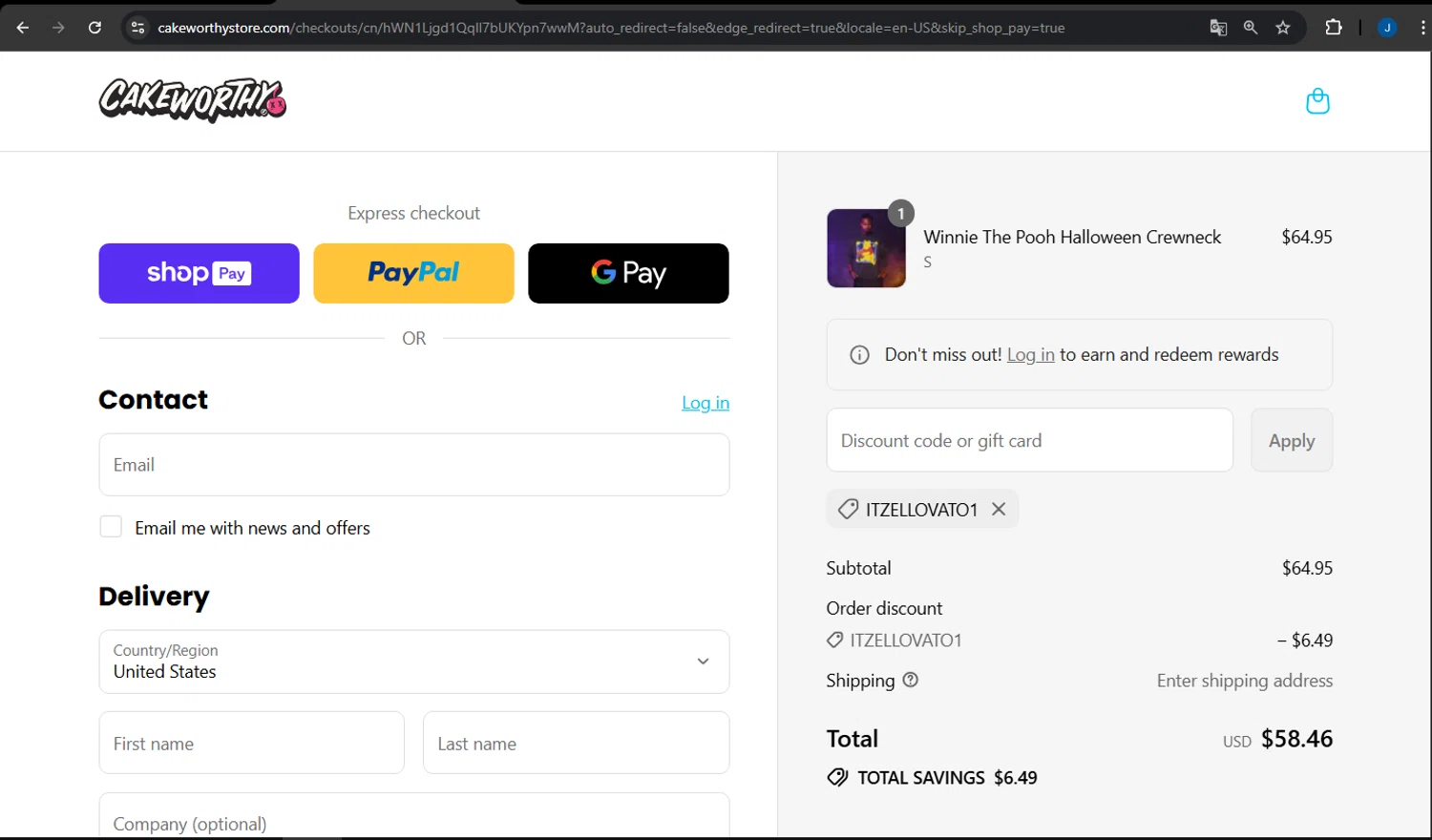 Cakeworthy discount code screenshot showing code ITZELLOVATO1 applied at Cakeworthy checkout page. Uploaded by SimplyCodes community member LegendarySage5106 on Aug 2, 2025