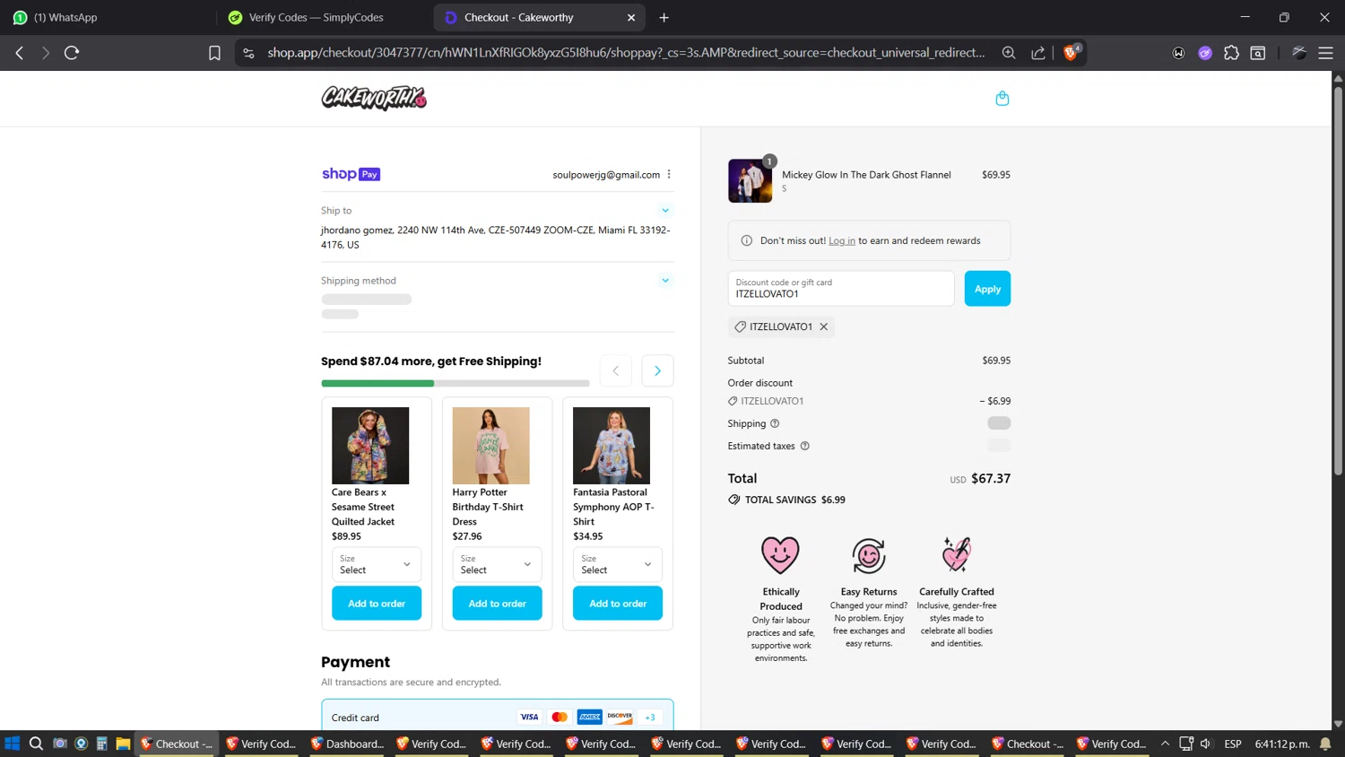 Cakeworthy discount code screenshot showing code ITZELLOVATO1 applied at Cakeworthy checkout page. Uploaded by SimplyCodes community member SimplyGOAT on Aug 2, 2025