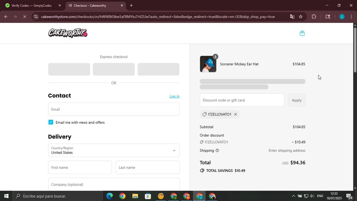 Cakeworthy discount code screenshot showing code ITZELLOVATO1 applied at Cakeworthy checkout page. Uploaded by SimplyCodes community member juanjo2 on Jul 18, 2025