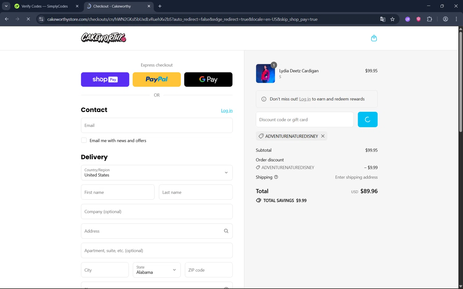 Cakeworthy discount code screenshot showing code ADVENTURENATUREDISNEY applied at Cakeworthy checkout page. Uploaded by SimplyCodes community member juan1702 on Aug 26, 2025
