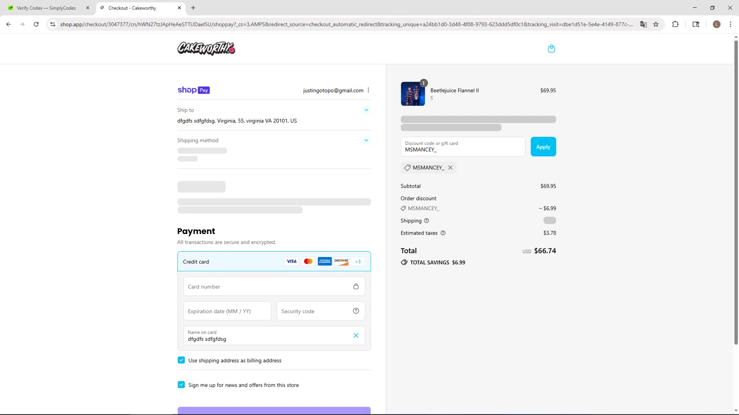Cakeworthy discount code screenshot showing code MSMANCEY_ applied at Cakeworthy checkout page. Uploaded by SimplyCodes community member BENELLI on Aug 23, 2025