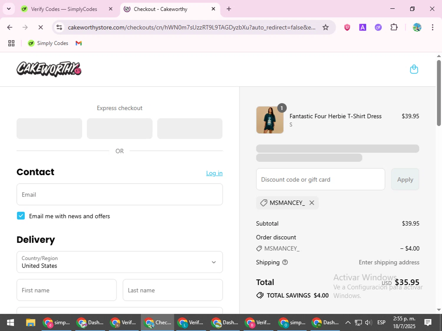 Cakeworthy discount code screenshot showing code MSMANCEY_ applied at Cakeworthy checkout page. Uploaded by SimplyCodes community member ShrewdSpotter4101 on Jul 18, 2025