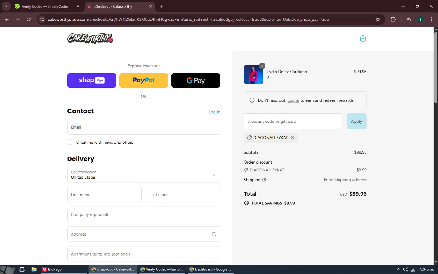 Cakeworthy discount code screenshot showing code DIAGONALLEYKAT applied at Cakeworthy checkout page. Uploaded by SimplyCodes community member MoneySpotter5416 on Aug 26, 2025