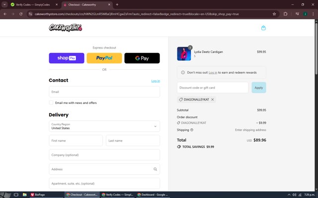 Cakeworthy checkout page showing Cakeworthy discount code box | Screenshot taken by SimplyCodes community member on Aug 26, 2025